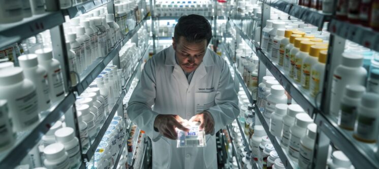Photo of a pharmacist in a busy pharmacy, preparing a prescription with the help of automated dispensing equipment. The scene is shown from a view from bottom to top, focusing on the pharmacist’s precise work and the advanced equipment used for medication preparation. --chaos 13 --ar 4:3 --stylize 300 Job ID: e41d5348-7813-4e97-8ca1-b91fecf038c9